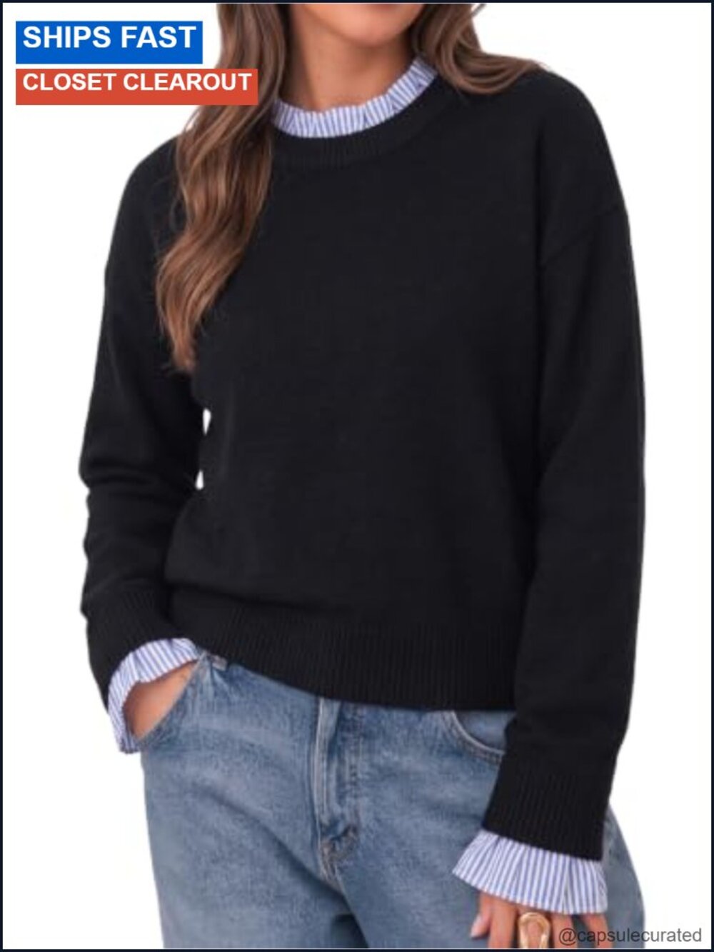 Womens Long Sleeve Sweater Ruffle Crew Neck Patchwork Knit Pullover Top